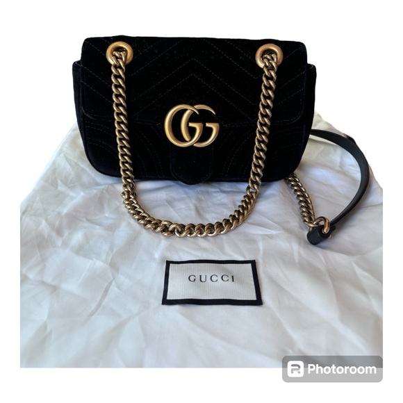 Authentic Gucci Velvet Matelasse Mini GG Marmont Shoulder Bag Black - Picture 2 of 12